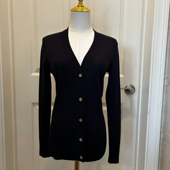 TORY BURCH Navy Blue V Neck Cardigan with Logo Buttons in Women's Size XS - Picture 1 of 12